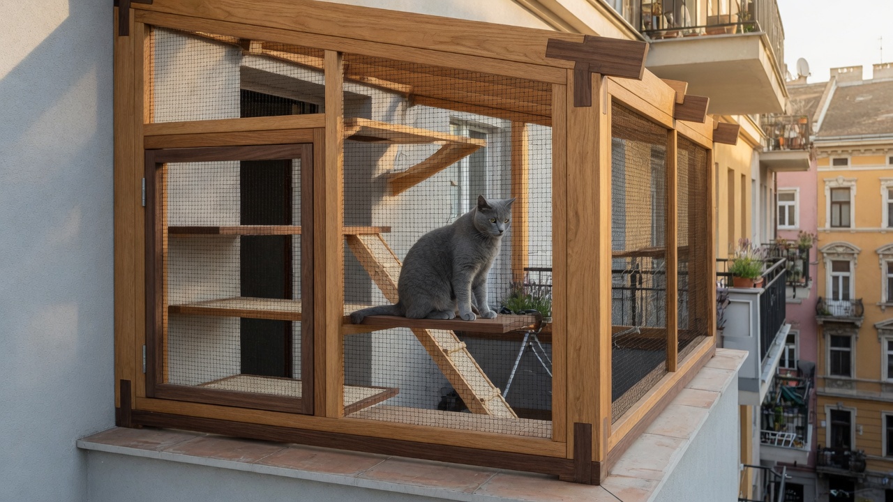 Fa catio erkélyen, benne egy macska